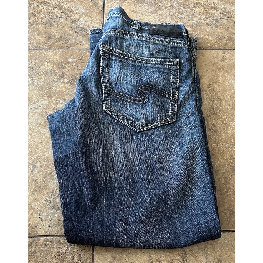 Silver Jeans Eddie Mens 36/32 Straight Leg Blue Dark Wash Distressed
